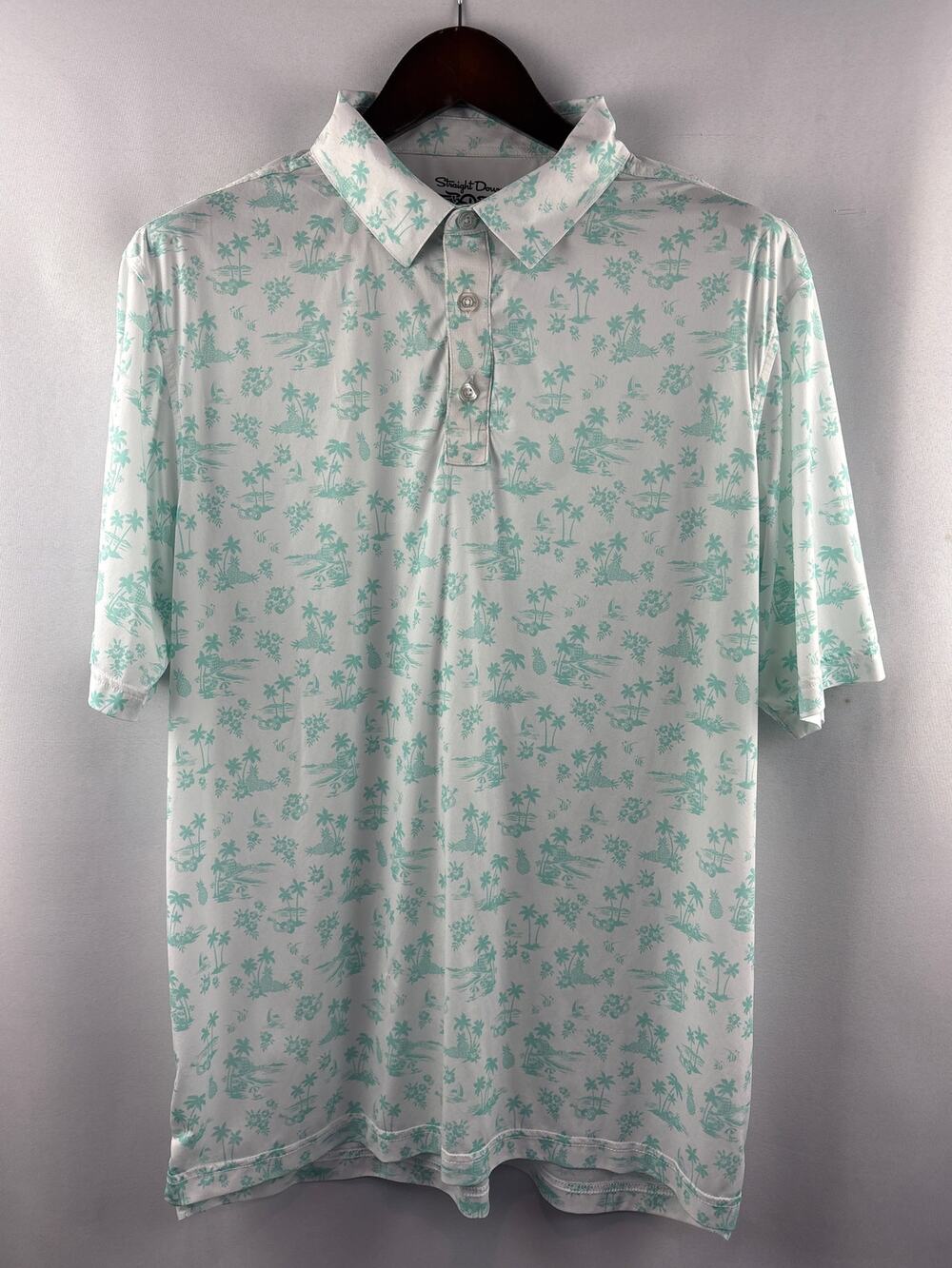 Men’s Straight Down XL White Golf Polo w/ Green Hawaiian Pattern